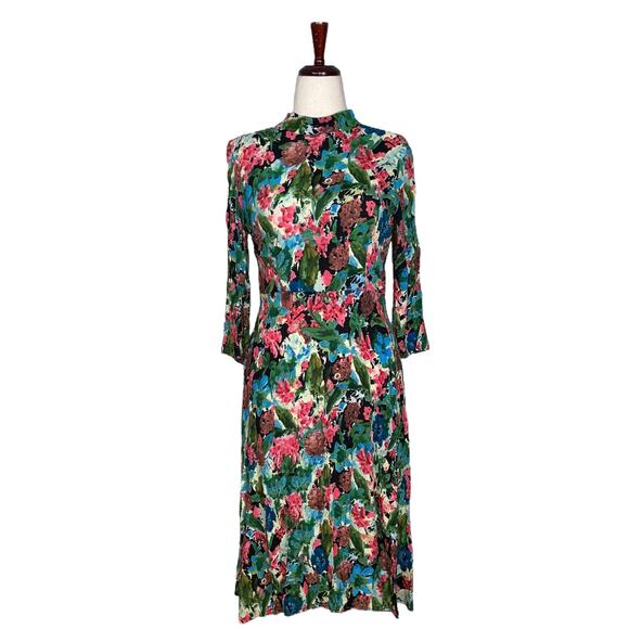 ZARA Watercolor Floral Print Open Back Long Sleeve Midi Dress    Size: L - Picture 3 of 6